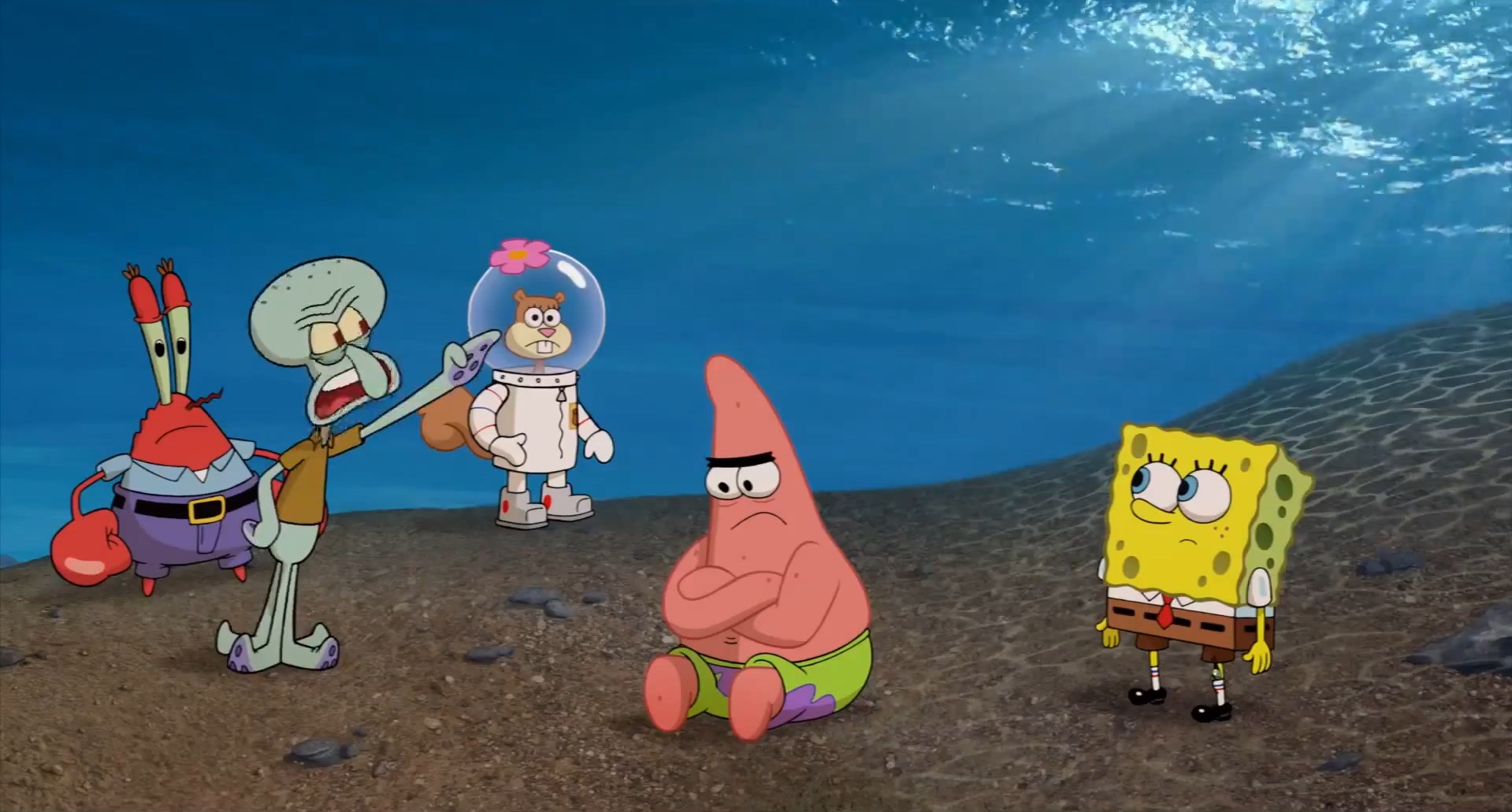 Mr. Krabs, Squidward, Sandy, Patrick, and Spongebob from The Spongebob Squarepants Movie: Sponge out of Water